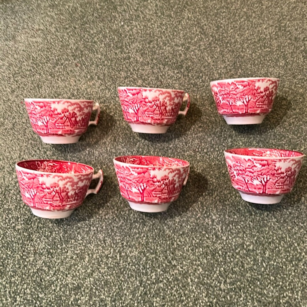 Six c1917+, Wood’s Ware Enoch Woods English Scenery Ironstone Pink & White Cups